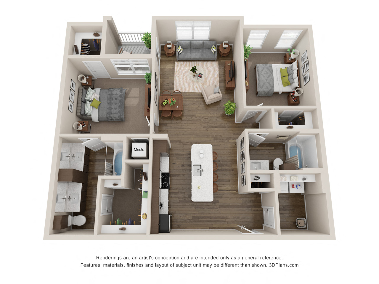 Floor plan for 2 beds, 2 baths, 1219 sqft